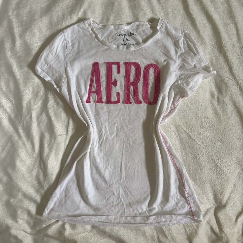 Aeropostale White T-Shirt with Pink 'AERO' Logo, Size L/G